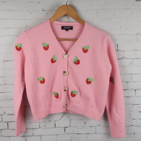 WOWO PINK WITH EMBROIDERED STRAWBERRIES LONG SLEEVE BUTTON DOWN CARDIGAN SIZE S - Picture 1 of 8